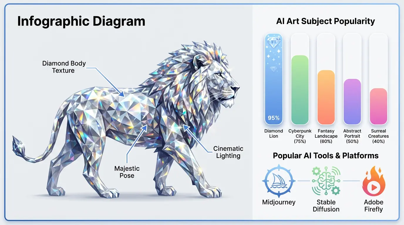 AI Image Creator Prompt Diamond Body Lion Walking: Master Stunning Results 2 Majestic diamond lion walking through crystalline environment with light refraction effects