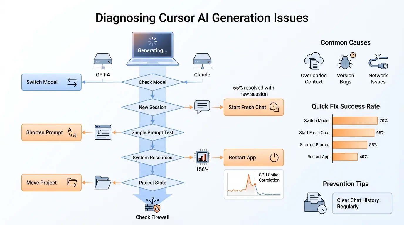 Cursor AI interface stuck on Generating message with high CPU usage visible