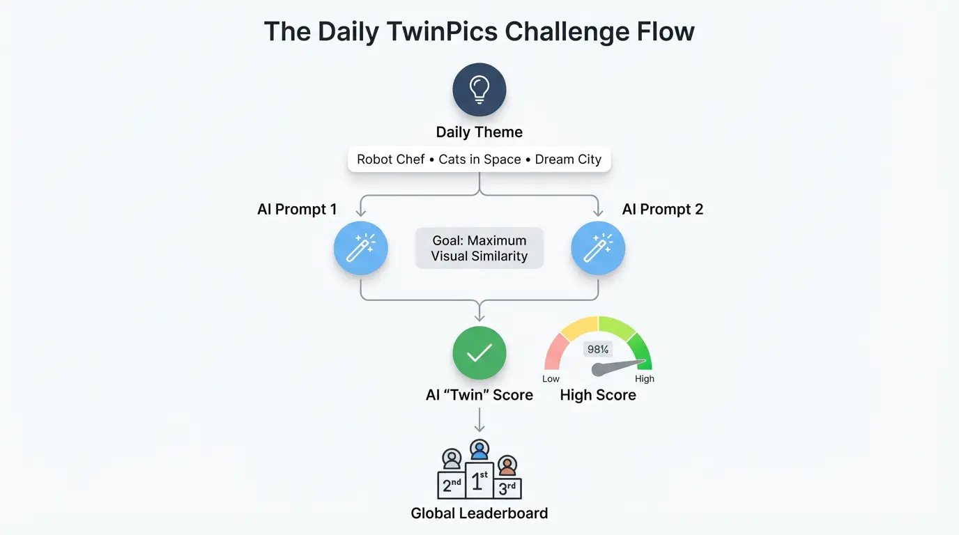 TwinPics.ai Daily Image Challenge Generator: A Surprisingly Addictive AI Game for 2026 2 TwinPics.ai challenge interface showing image comparison