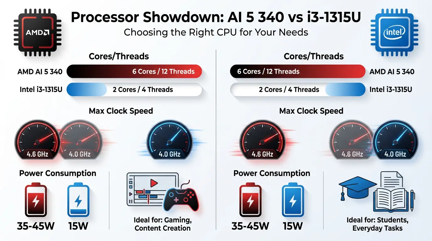 AMD Ryzen AI 5 340 vs Intel Core i3-1315U processors comparison