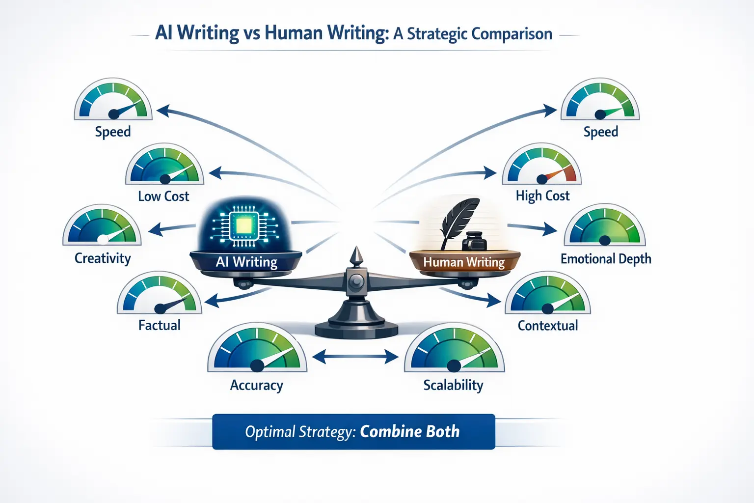 Visual comparison of human versus AI writing attributes showing creativity versus speed tradeoffs